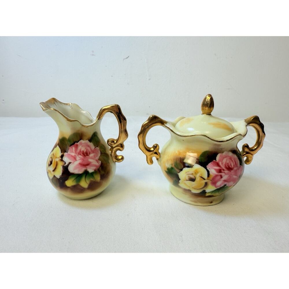 Vintage Enesco Floral With Gold Trim Cream And Sugar Set